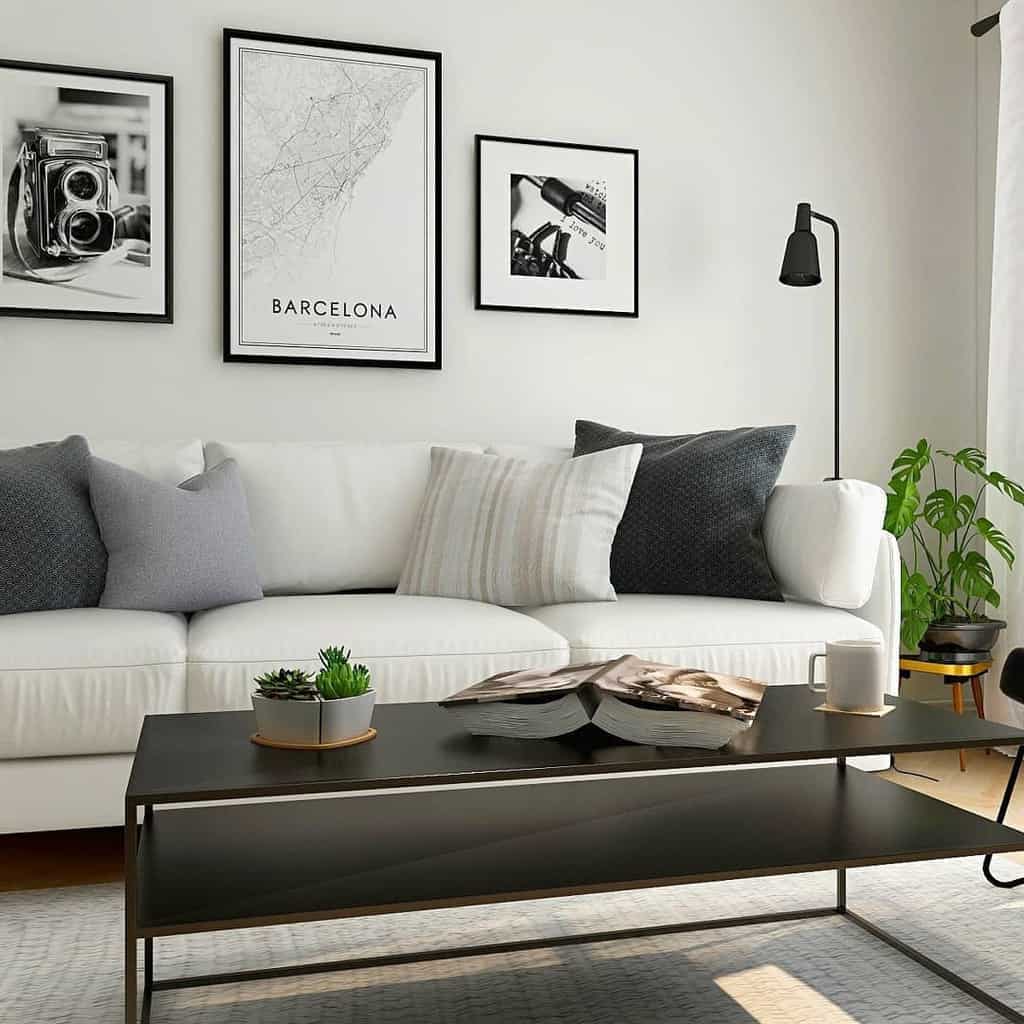 Scandinavian living room featuring a white sofa with gray accent pillows, black coffee table, framed wall art, and lush green indoor plants