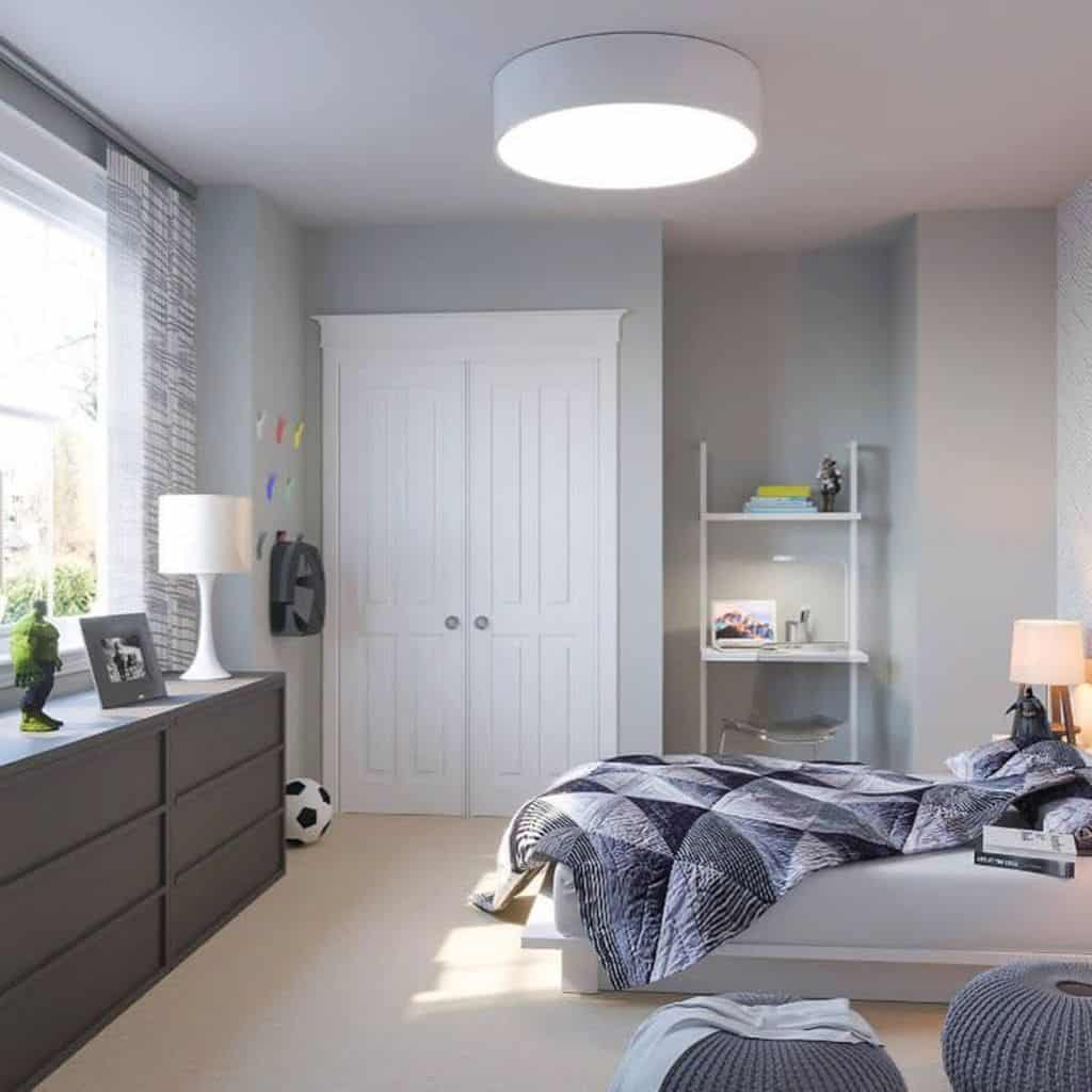 Gray kids' bedroom featuring a platform bed, soft lighting, and playful details like a soccer ball.