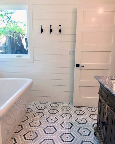 white shiplap wall mosaic tile floor bathroom 