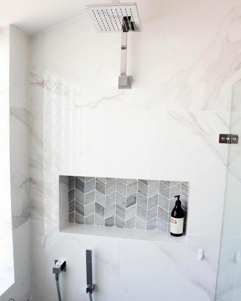 Shower Niche Grey Herringbone Pattern Tiles With Marble