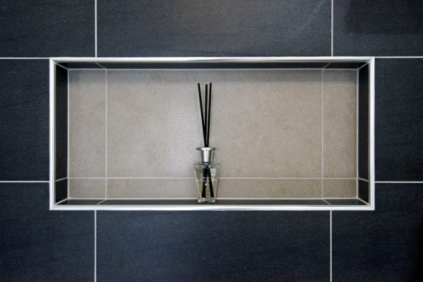 Shower Niches Black And Tan Tiles With White Trim Finish