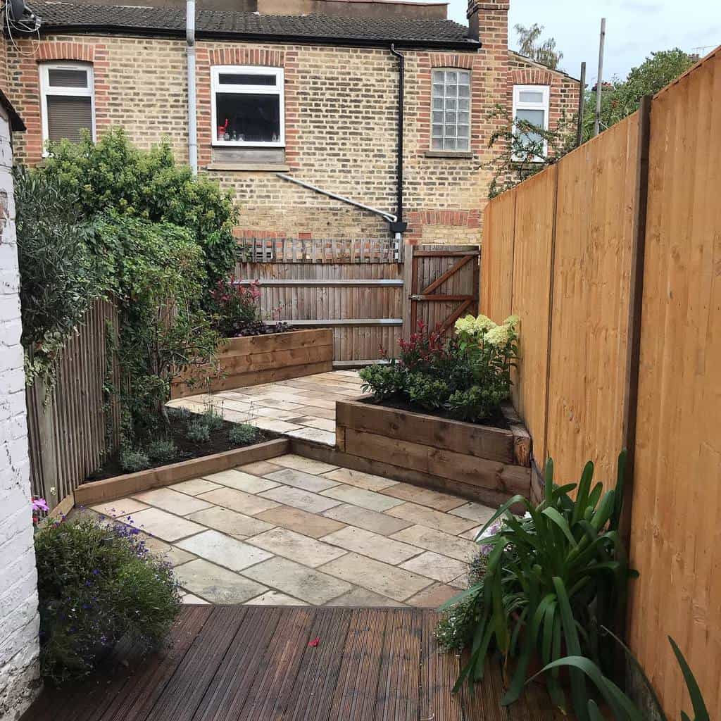 simple small backyard with paver patios and raised wood garden beds