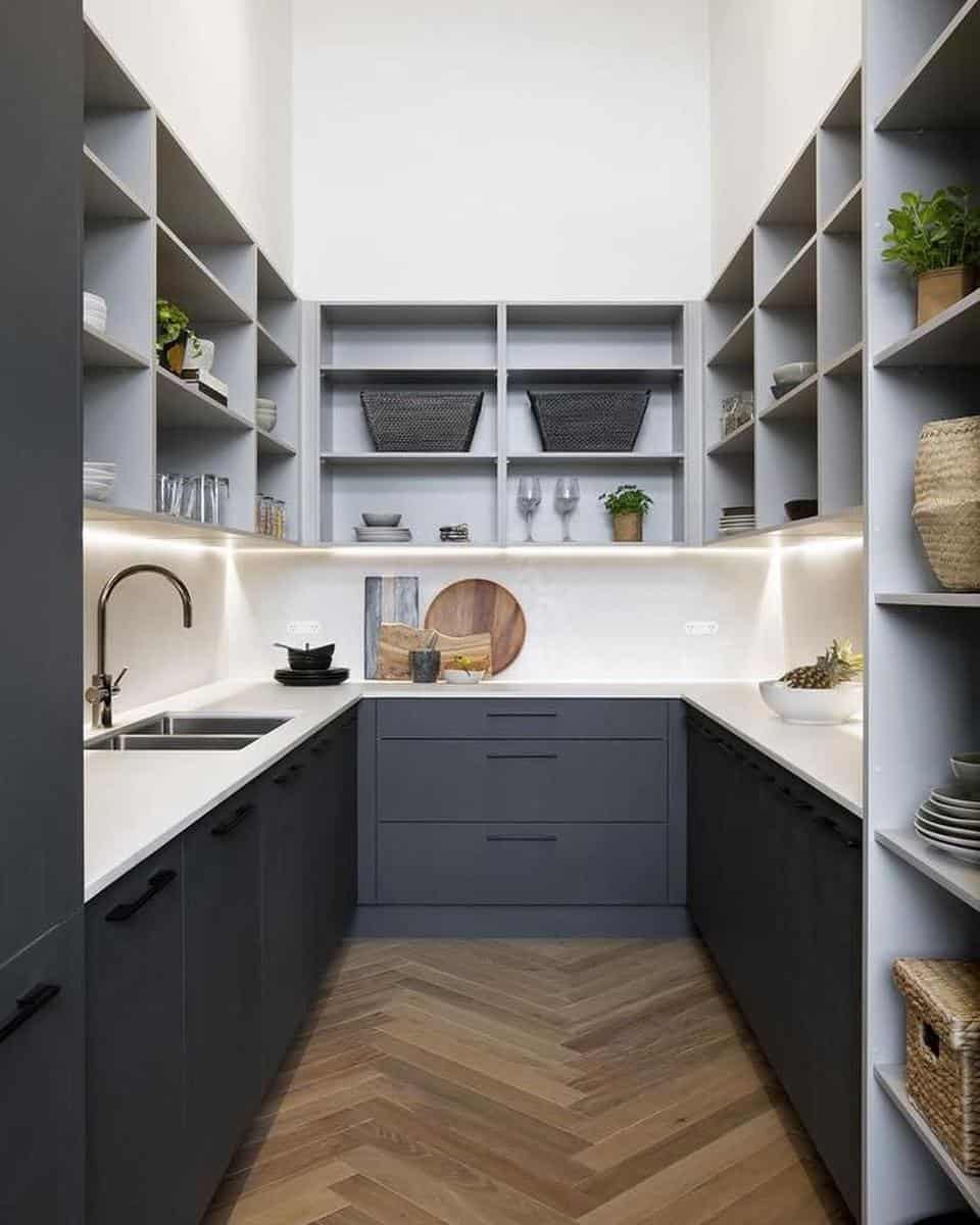 large kitchen gray cabinets white countertop 