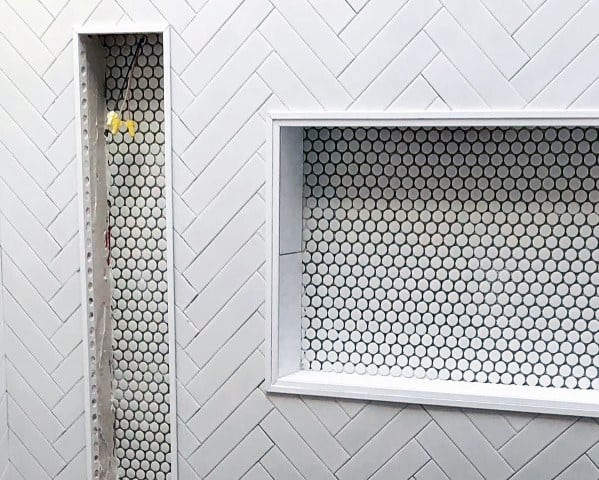 Small Hexagon And Herringbone Tiles Shower Niche Interior Design