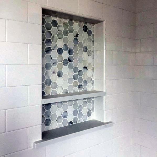 Small Hexagon Shower Niche Ideas With White Subway Tiles