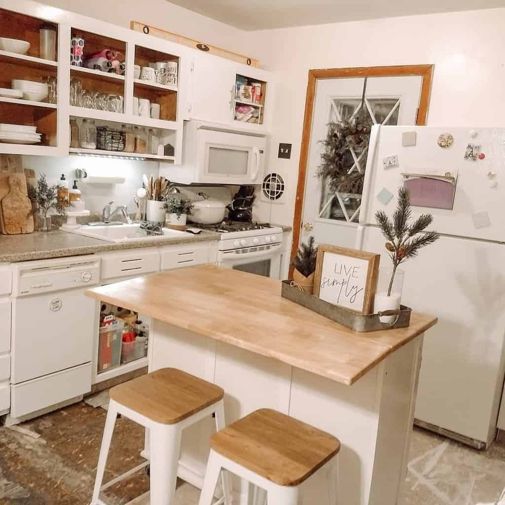 rustic white cabinet and shelving kitchen two small stools kitchen island 