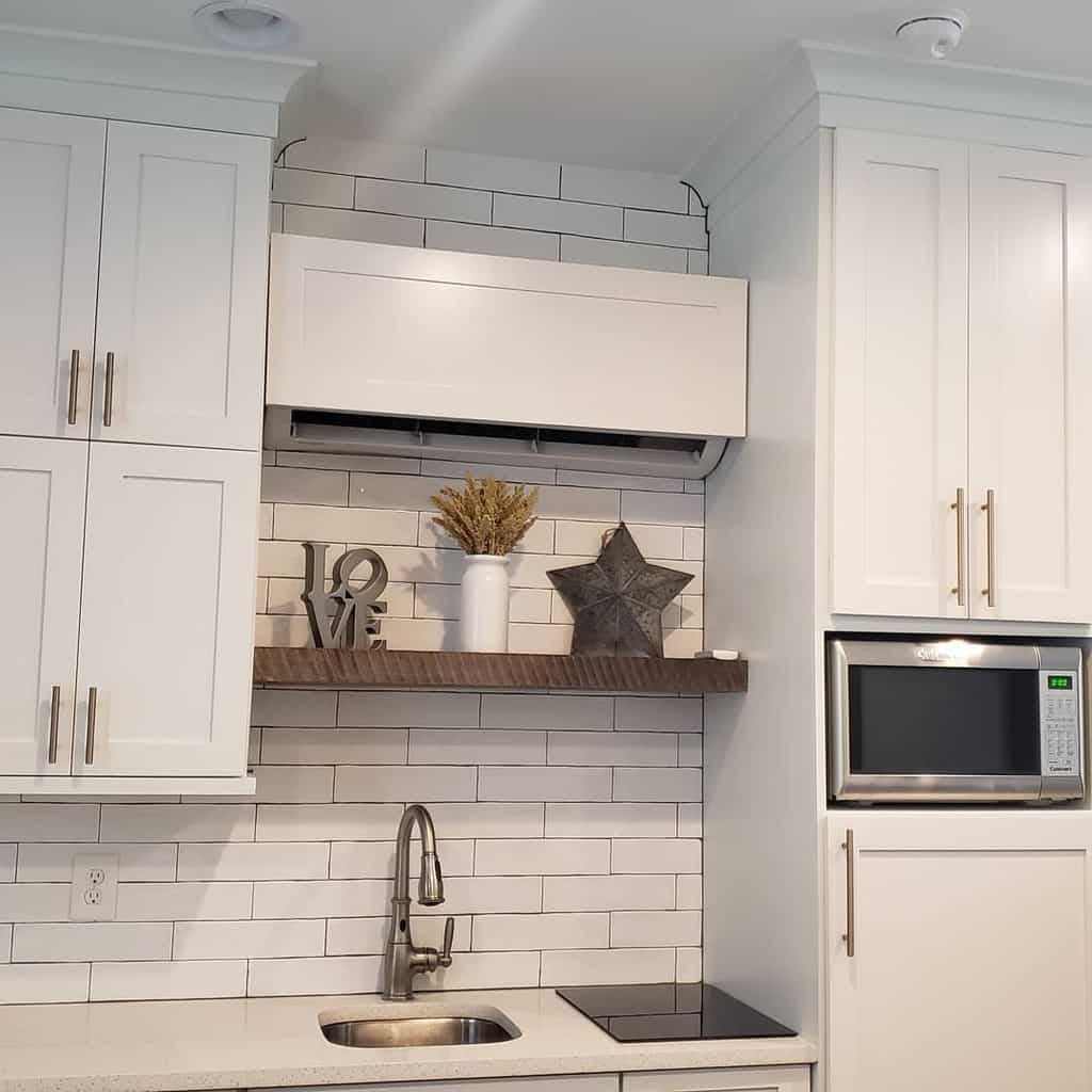 white kitchen cabinets wood wall shelf 