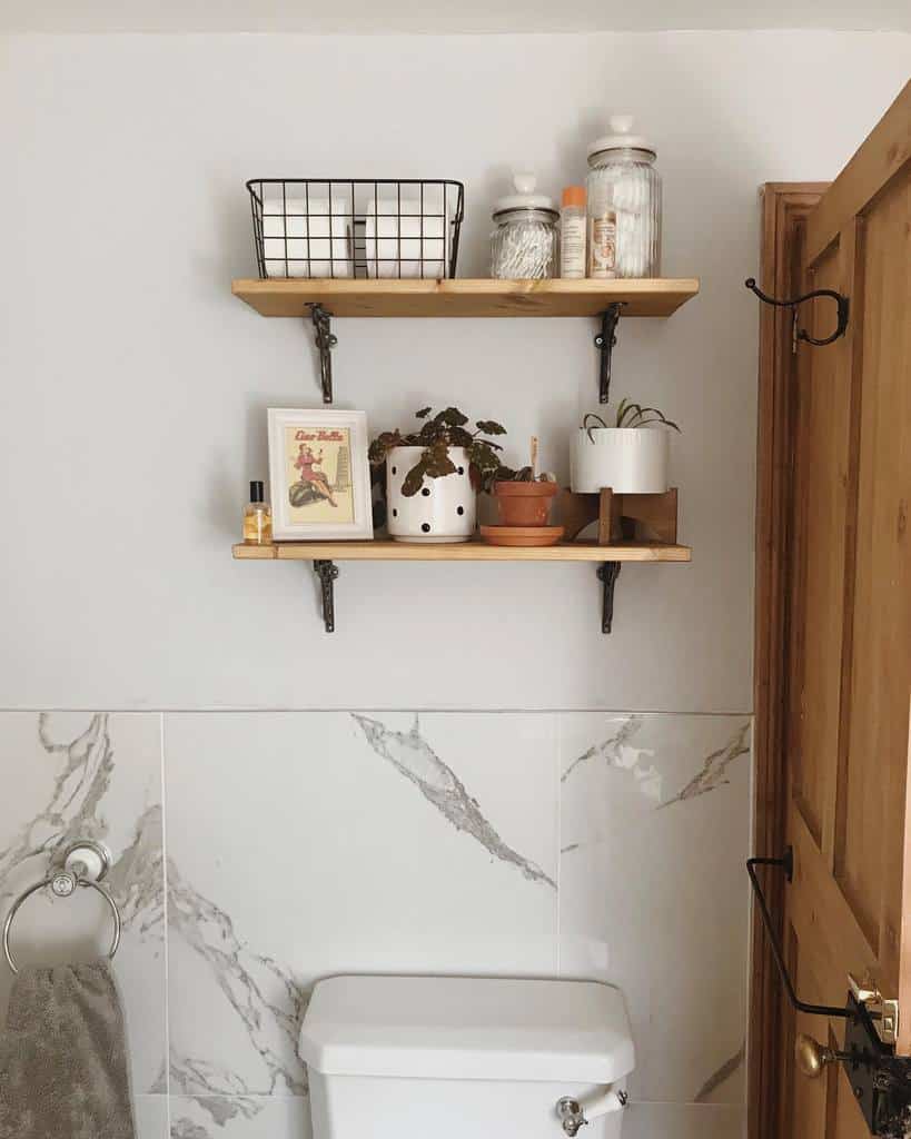 wood shelf bathroom above toilet 