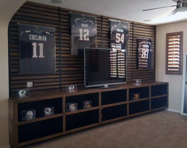 Sports Themed Wooden Slats Cool Tv Wall Design Ideas