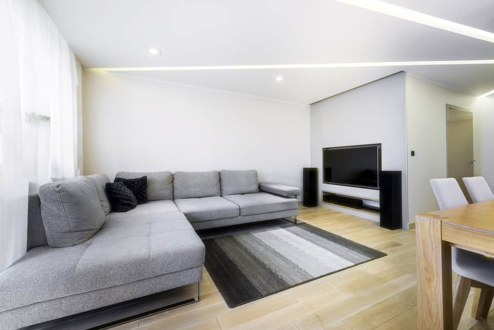 Contemporary minimalist living room with a gray sectional sofa, striped rug, and sleek TV setup, creating a cozy entertainment space