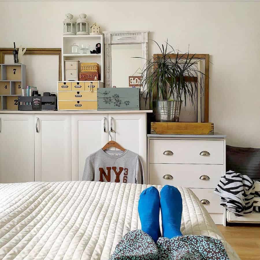 Bedroom storage with cabinets, small decorative boxes, and potted plant.