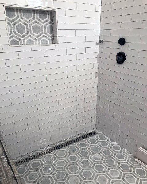 Stunning Interior Shower White And Grey Hexagon Niche Designs