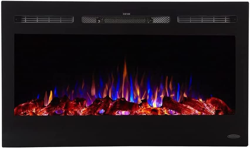 Wall-mounted electric fireplace with vibrant blue and orange flames and heating vents.