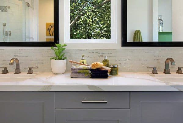 Modern bathroom vanity with marble countertop, dual faucets, and small potted plant.