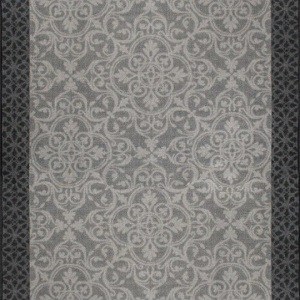 Gray stair runner with intricate floral patterns and a dark geometric border design.