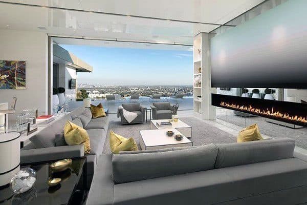 luxury contemporary living room electric fireplace city view