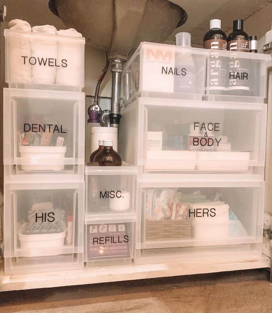 Clear storage boxes labeled for organizing towels, dental products, hair, and more under the sink.