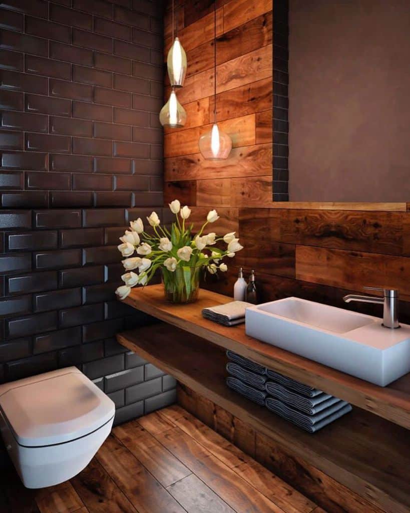 wood vanity in small powder room