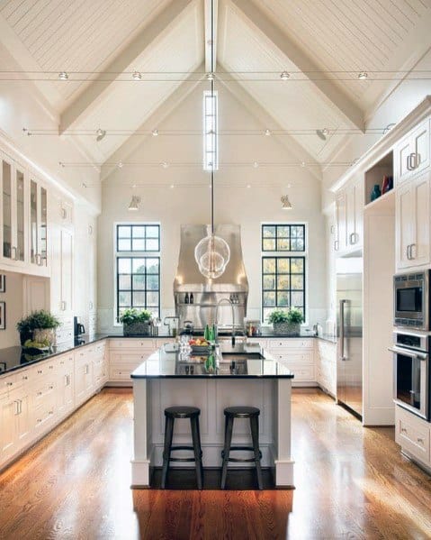 Vaulted Ceiling Kitchen Design Ideas With Hardwood Flooring