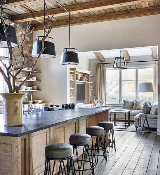 Vintage black metal pendant lights hanging under a wooden ceiling above a kitchen island with stools, creating a rustic and warm atmosphere