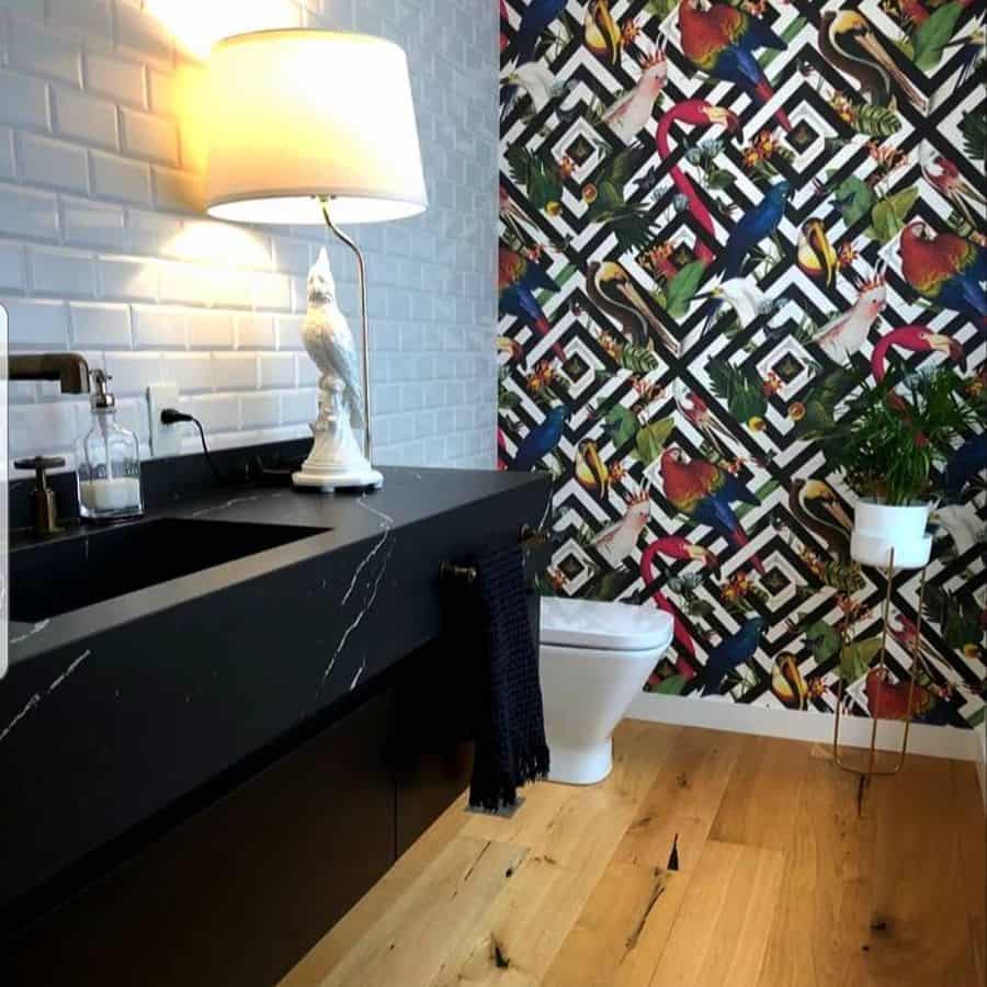 flower wallpaper black vanity white tile wall bathroom 