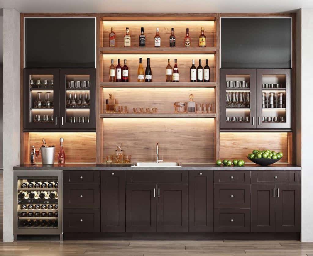 A luxurious wall-mounted wet bar with dark cabinets, open shelves with warm backlighting, and a built-in wine cooler, combining style and functionality.