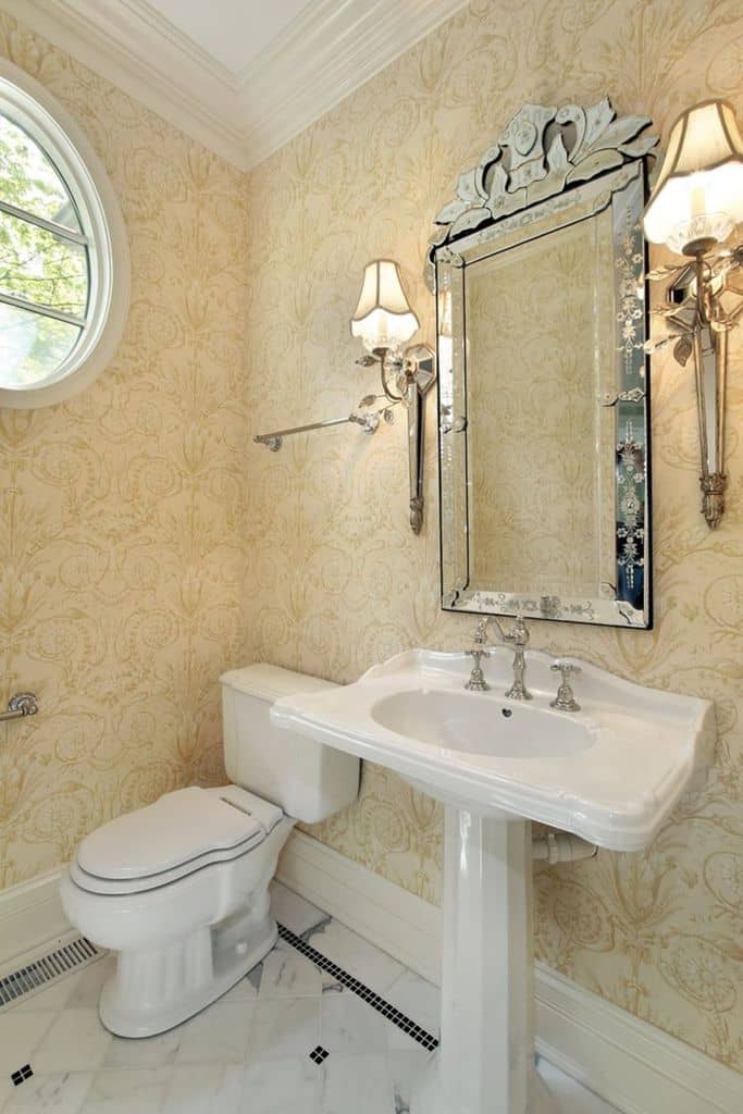 pattern wallpaper in small powder room