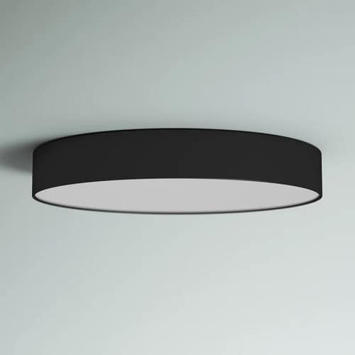 Modern black circular LED flush mount ceiling light with a sleek design.