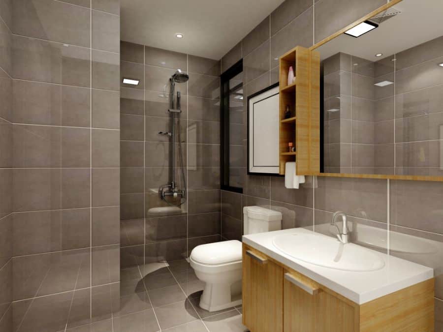 large gray tile shower with wood vanity 