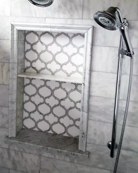 White And Grey Arabesque Tile Shower Niche Ideas