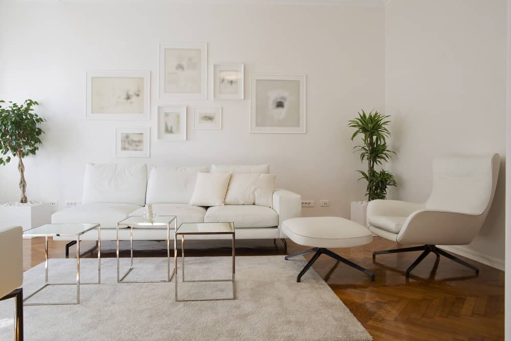 Elegant white living room featuring a soft sectional sofa, minimalist decor, framed art gallery wall, and lush green indoor plants