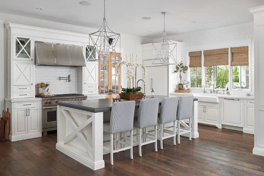 elegant white kitchen with hardwood floors 