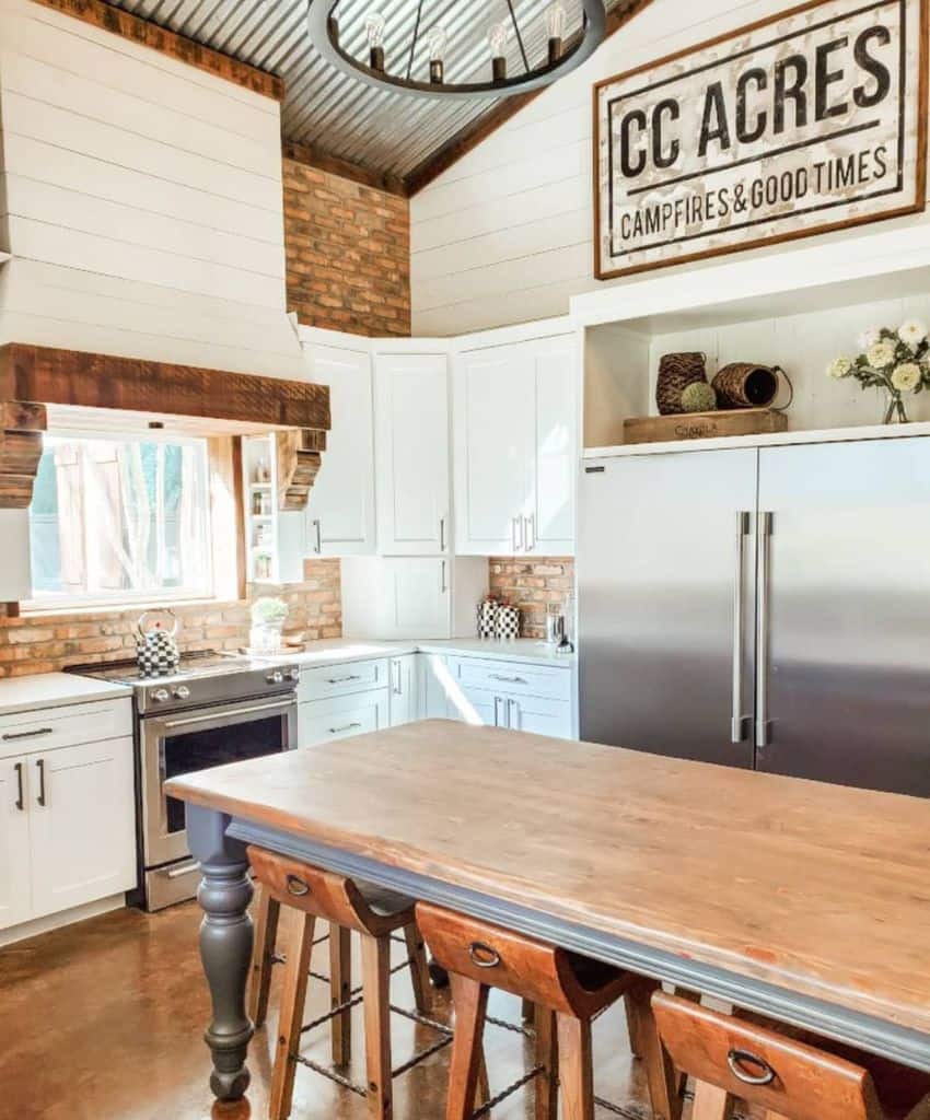 corner cabinet kitchen with brick and wood accents