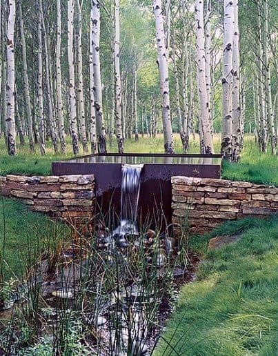 Stone waterfall feature flowing into a natural stream, surrounded by birch trees and tall grasses.