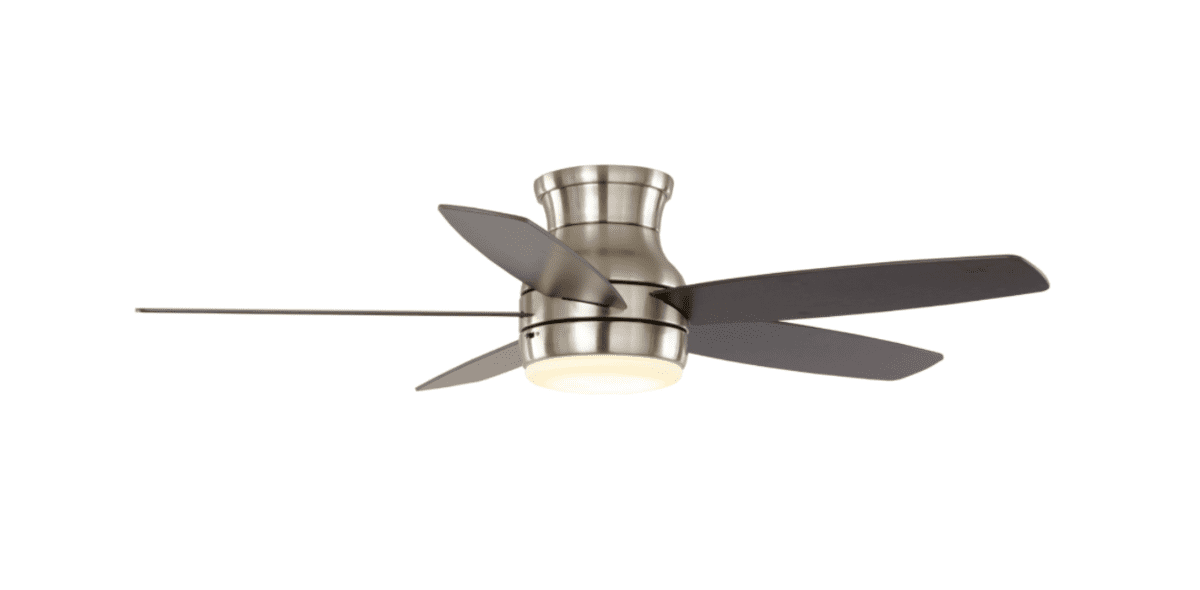 Modern brushed nickel ceiling fan with black blades and integrated LED light.