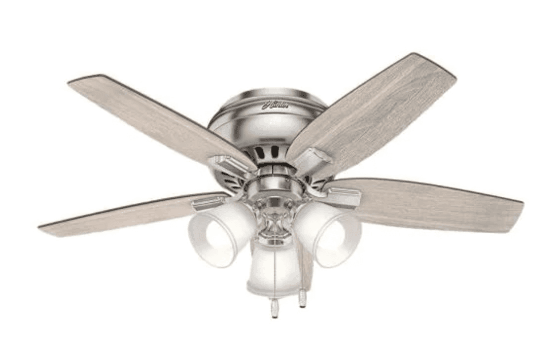 Brushed nickel ceiling fan with wooden blades and three frosted glass light fixtures.